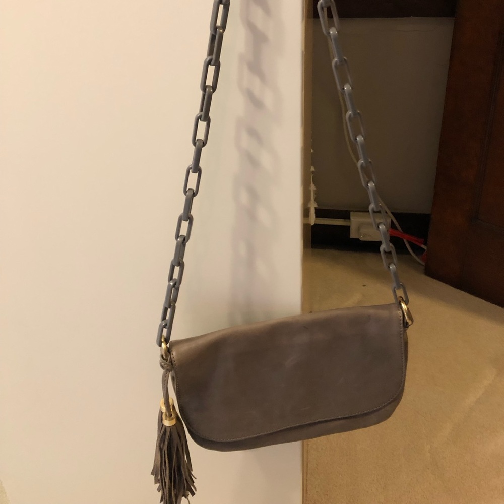 J Crew grey Sean crossbody bag w chain & tassel